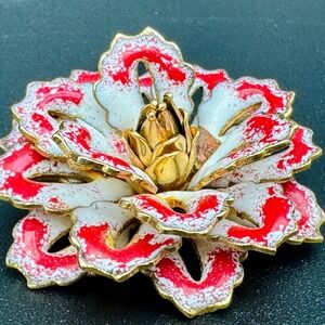 Vintage Enamel Flower Brooch Pin Red White Gold Tone Floral Jewelry 1.5 in 20g